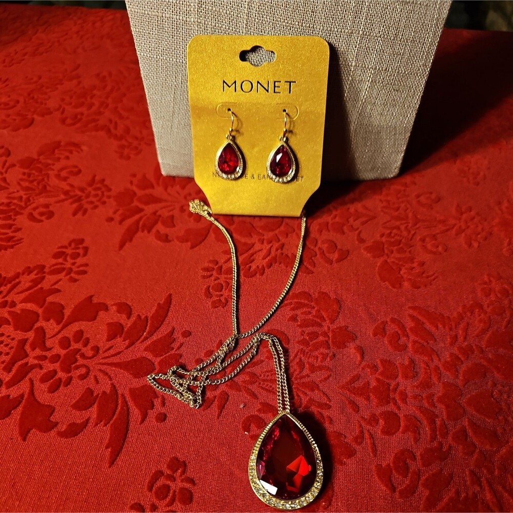 Monet Red Teardrop Necklace & Earrings Set Gold Tone Rhinestone